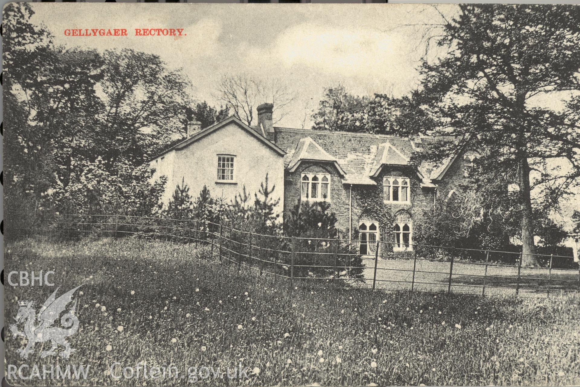 Digitised postcard image of Old Rectory, Gelligaer, M Edmunds, Post Office, Hengoed. Produced by Parks and Gardens Data Services, from an original item in the Peter Davis Collection at Parks and Gardens UK. We hold only web-resolution images of this collection, suitable for viewing on screen and for research purposes only. We do not hold the original images, or publication quality scans.