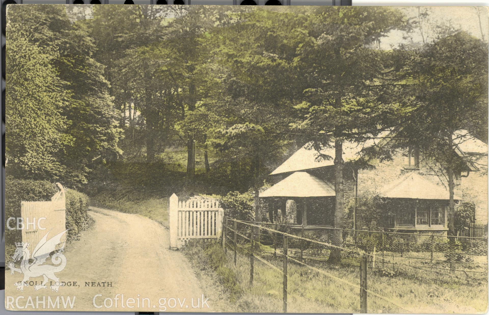 Digitised postcard image of Gnoll House, Neath, lodge and gates, the Wykeham collection. Produced by Parks and Gardens Data Services, from an original item in the Peter Davis Collection at Parks and Gardens UK. We hold only web-resolution images of this collection, suitable for viewing on screen and for research purposes only. We do not hold the original images, or publication quality scans.