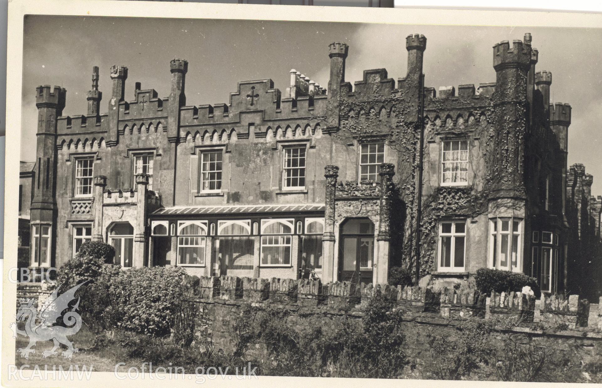 Digitised postcard image of Soldier's Point Hotel, Holyhead. Produced by Parks and Gardens Data Services, from an original item in the Peter Davis Collection at Parks and Gardens UK. We hold only web-resolution images of this collection, suitable for viewing on screen and for research purposes only. We do not hold the original images, or publication quality scans.