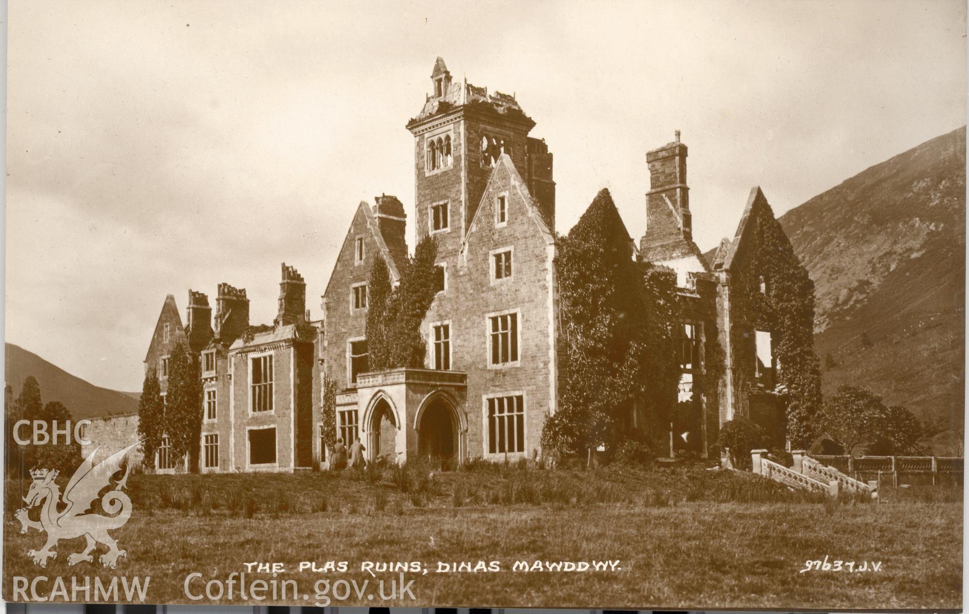 Digitised postcard image of Plas Dinas Mawddwy in ruins, Valentine & Sons Ltd. Produced by Parks and Gardens Data Services, from an original item in the Peter Davis Collection at Parks and Gardens UK. We hold only web-resolution images of this collection, suitable for viewing on screen and for research purposes only. We do not hold the original images, or publication quality scans.