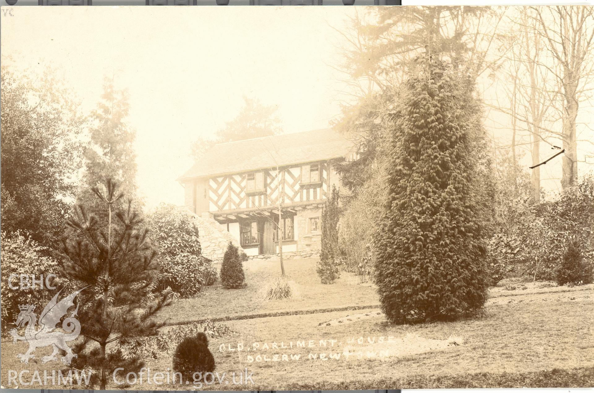 Digitised postcard image of Cwrt Plas yn Dre, Milford Road, Newtown. Produced by Parks and Gardens Data Services, from an original item in the Peter Davis Collection at Parks and Gardens UK. We hold only web-resolution images of this collection, suitable for viewing on screen and for research purposes only. We do not hold the original images, or publication quality scans.