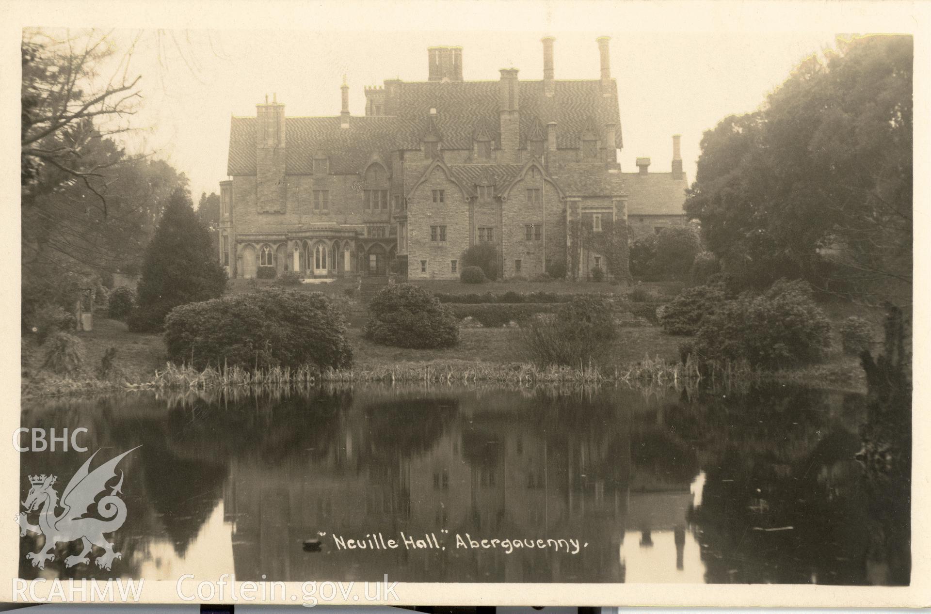 Digitised postcard image of Nevill Hall, Abergavenny. Produced by Parks and Gardens Data Services, from an original item in the Peter Davis Collection at Parks and Gardens UK. We hold only web-resolution images of this collection, suitable for viewing on screen and for research purposes only. We do not hold the original images, or publication quality scans.