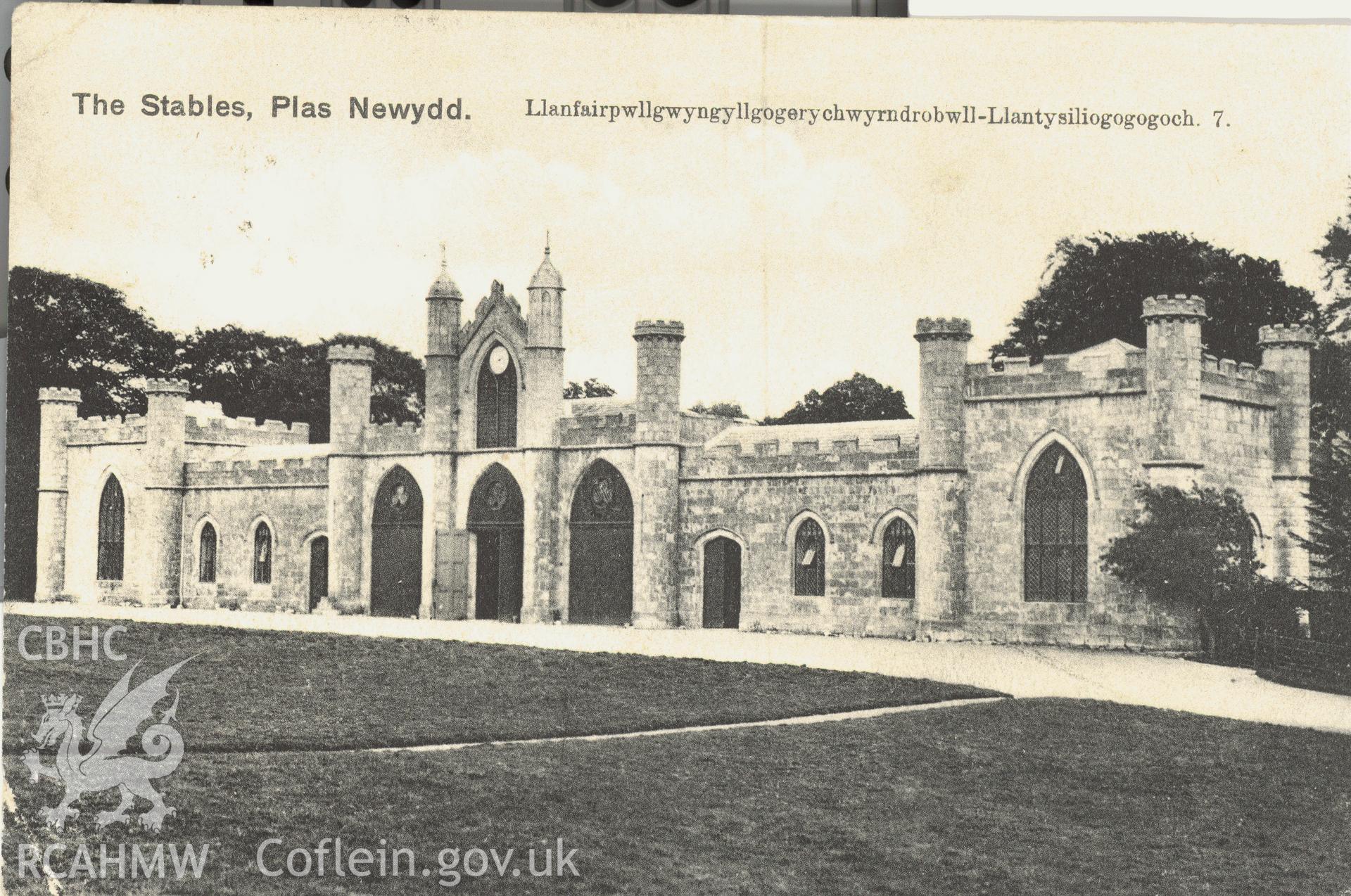 Digitised postcard image of Plas Newydd stables, Llanddaniel Fab, E.E. Roberts' Series  LlanfairPG. Produced by Parks and Gardens Data Services, from an original item in the Peter Davis Collection at Parks and Gardens UK. We hold only web-resolution images of this collection, suitable for viewing on screen and for research purposes only. We do not hold the original images, or publication quality scans.