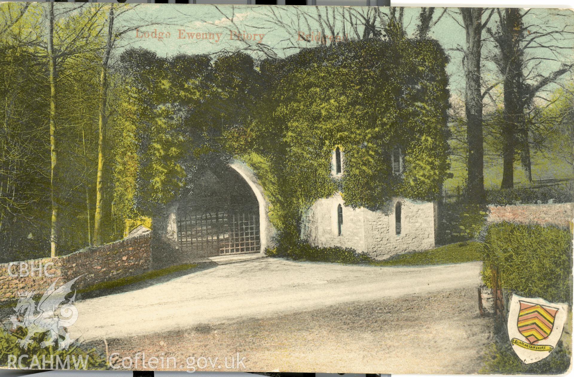 Digitised postcard image of south gatehouse, Ewenny Priory. Produced by Parks and Gardens Data Services, from an original item in the Peter Davis Collection at Parks and Gardens UK. We hold only web-resolution images of this collection, suitable for viewing on screen and for research purposes only. We do not hold the original images, or publication quality scans.