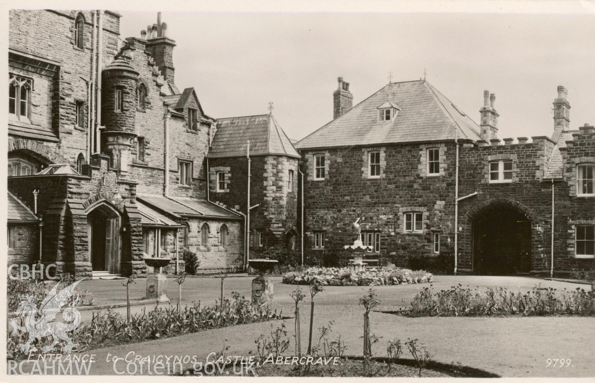 Digitised postcard image of Craig y Nos Castle, Glyntawe, R.A. Postcards Ltd, London. Produced by Parks and Gardens Data Services, from an original item in the Peter Davis Collection at Parks and Gardens UK. We hold only web-resolution images of this collection, suitable for viewing on screen and for research purposes only. We do not hold the original images, or publication quality scans.