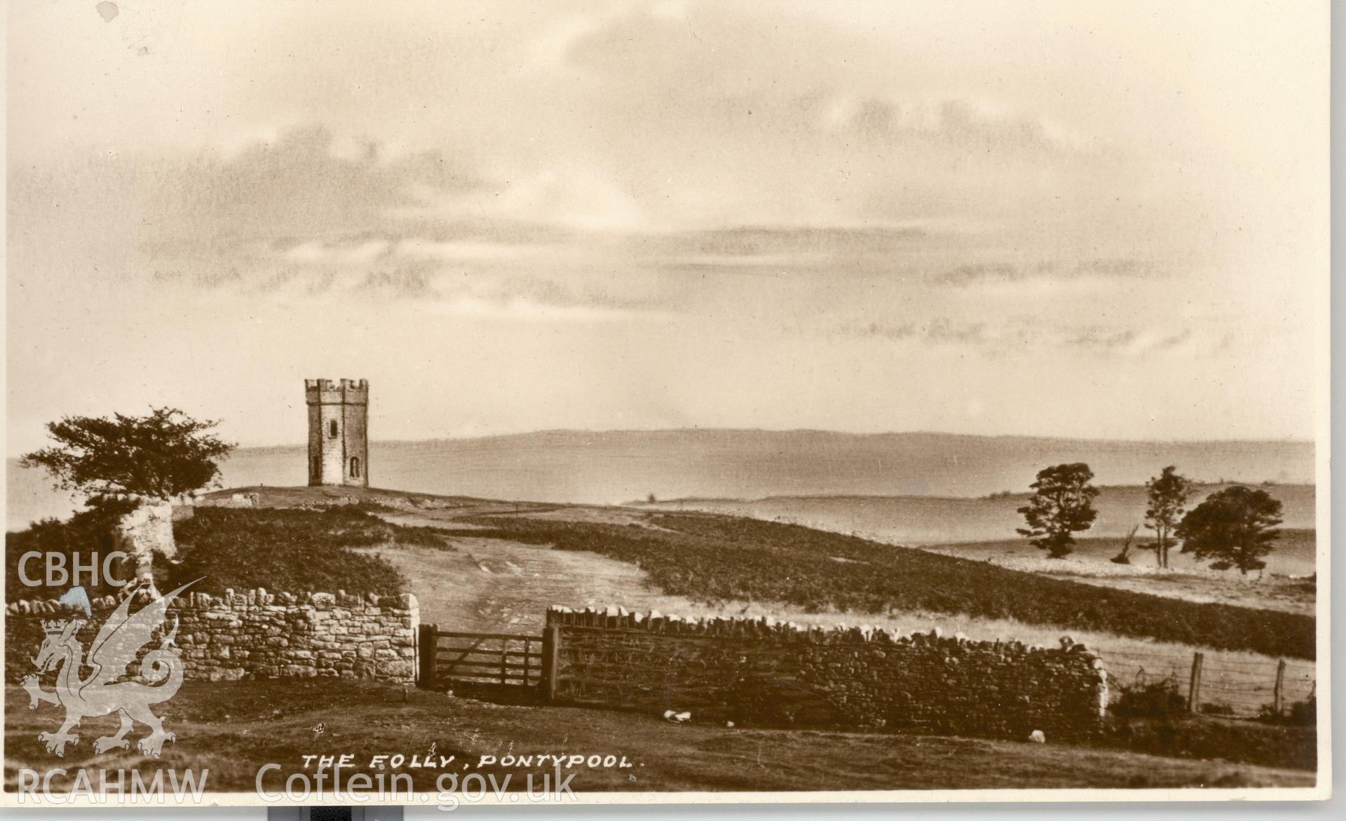 Digitised postcard image of the Folly, Pontypool Park, Hughes & Son, Stationers, Pontypool. Produced by Parks and Gardens Data Services, from an original item in the Peter Davis Collection at Parks and Gardens UK. We hold only web-resolution images of this collection, suitable for viewing on screen and for research purposes only. We do not hold the original images, or publication quality scans.