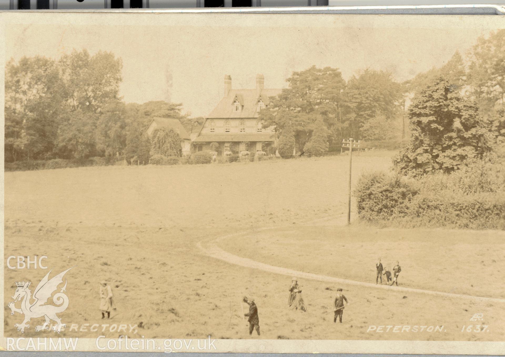 Digitised postcard image of The Old Rectory, Peterston-super-Ely. Produced by Parks and Gardens Data Services, from an original item in the Peter Davis Collection at Parks and Gardens UK. We hold only web-resolution images of this collection, suitable for viewing on screen and for research purposes only. We do not hold the original images, or publication quality scans.