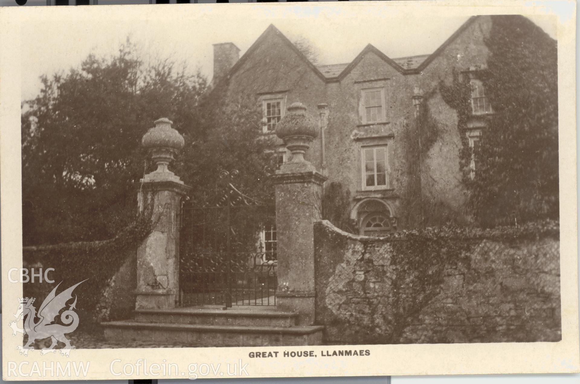 Digitised postcard image of Great House, Llanmaes, WH Fisher, Bristol House, Llantwit Major. Produced by Parks and Gardens Data Services, from an original item in the Peter Davis Collection at Parks and Gardens UK. We hold only web-resolution images of this collection, suitable for viewing on screen and for research purposes only. We do not hold the original images, or publication quality scans.