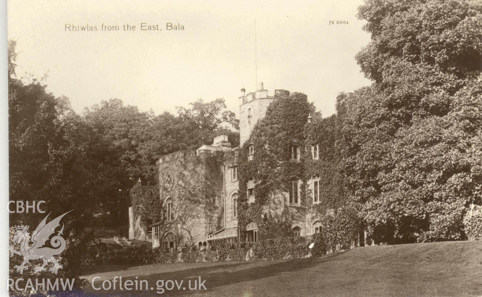 Digitised postcard image of Rhiwlas Hall, Bala, Valentine's Series. Produced by Parks and Gardens Data Services, from an original item in the Peter Davis Collection at Parks and Gardens UK. We hold only web-resolution images of this collection, suitable for viewing on screen and for research purposes only. We do not hold the original images, or publication quality scans.