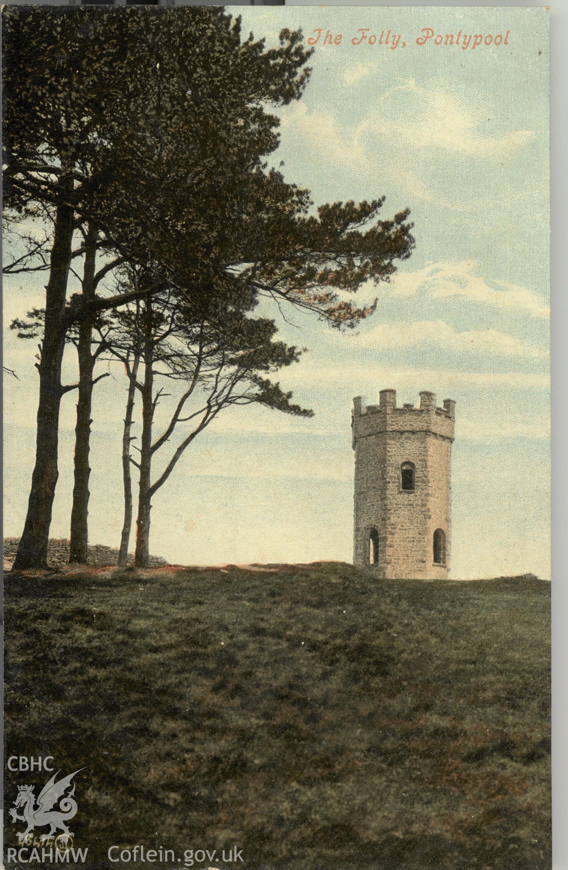 Digitised postcard image of the Folly, Pontypool Park, Valentine and Sons Ltd. Produced by Parks and Gardens Data Services, from an original item in the Peter Davis Collection at Parks and Gardens UK. We hold only web-resolution images of this collection, suitable for viewing on screen and for research purposes only. We do not hold the original images, or publication quality scans.