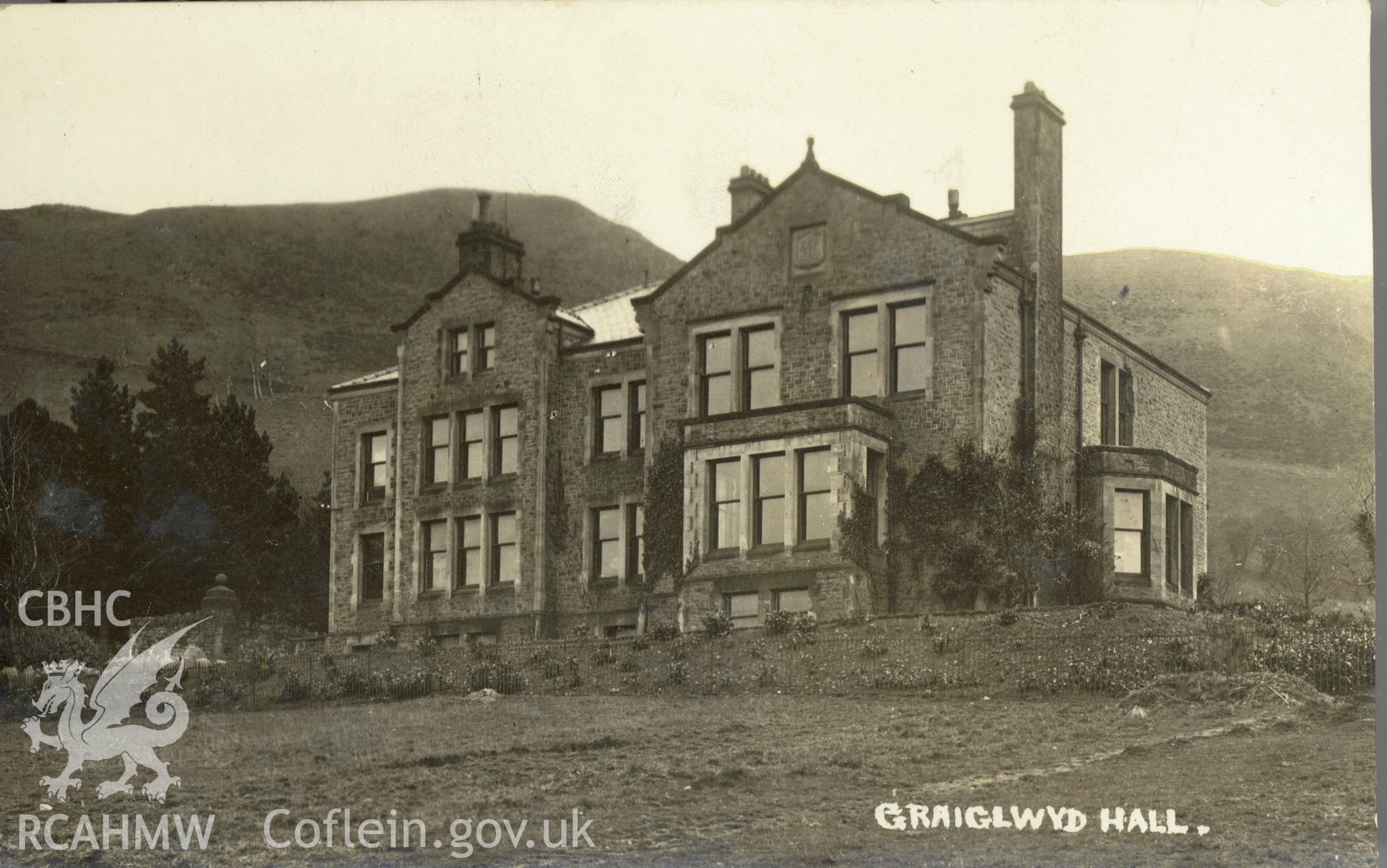 Digitised postcard image of Graiglwyd  Hall, Penmaenmawr. Produced by Parks and Gardens Data Services, from an original item in the Peter Davis Collection at Parks and Gardens UK. We hold only web-resolution images of this collection, suitable for viewing on screen and for research purposes only. We do not hold the original images, or publication quality scans.