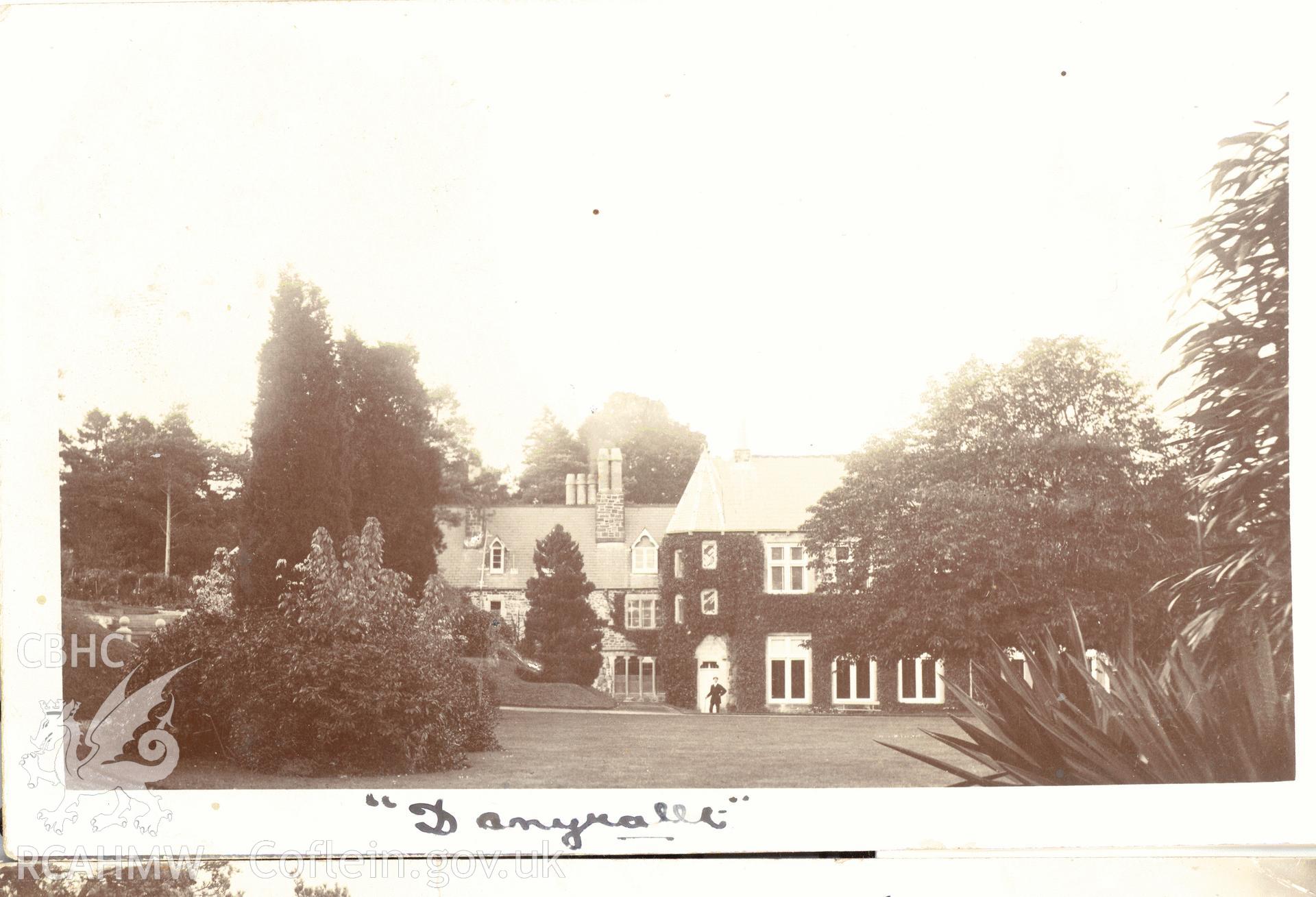 Digitised postcard image of Danyrallt Park, Llangadog. Produced by Parks and Gardens Data Services, from an original item in the Peter Davis Collection at Parks and Gardens UK. We hold only web-resolution images of this collection, suitable for viewing on screen and for research purposes only. We do not hold the original images, or publication quality scans.