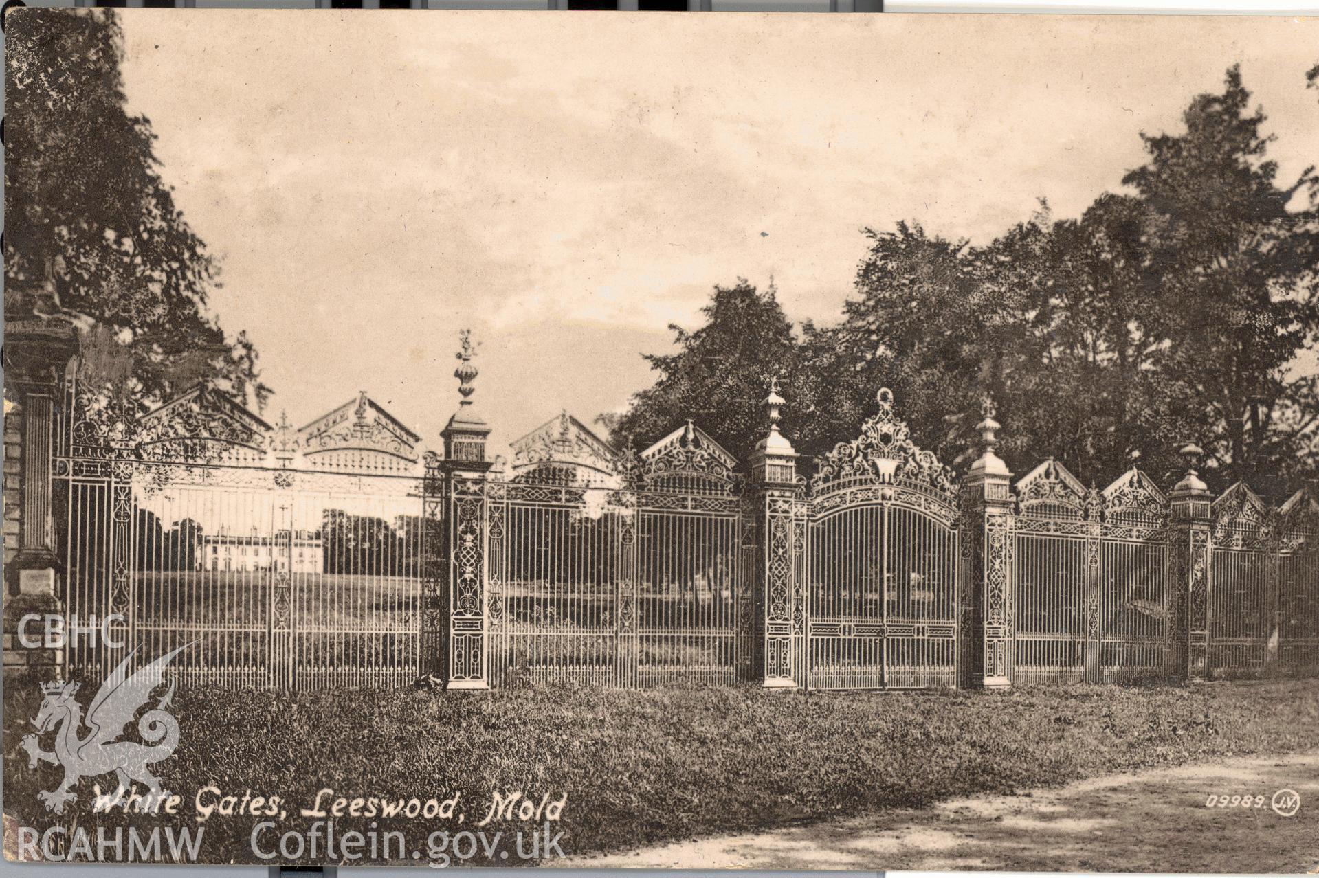 Digitised postcard image of White Gates, Leeswood Hall, Valentine's Series. Produced by Parks and Gardens Data Services, from an original item in the Peter Davis Collection at Parks and Gardens UK. We hold only web-resolution images of this collection, suitable for viewing on screen and for research purposes only. We do not hold the original images, or publication quality scans.