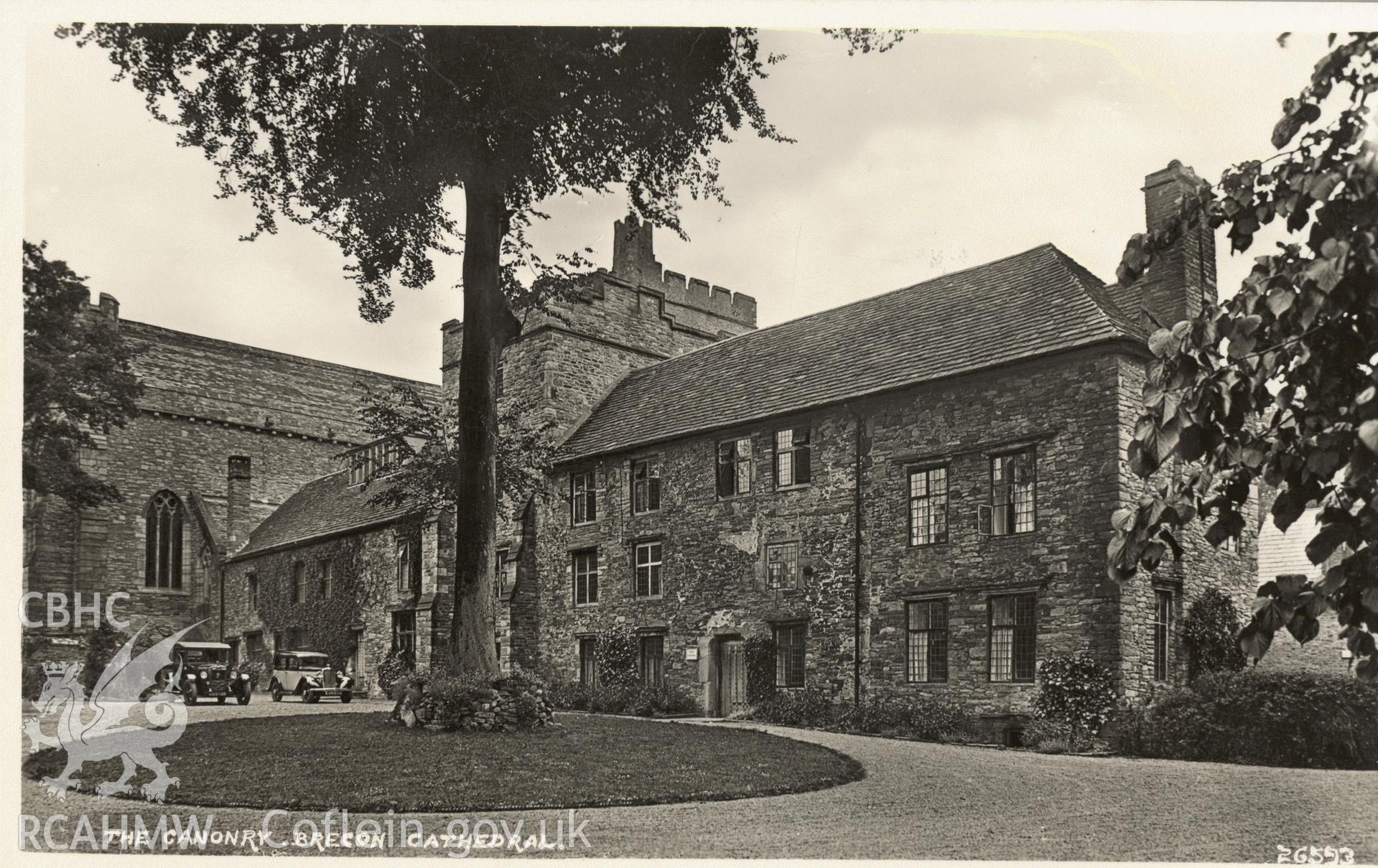 Digitised postcard image of Canonry and Vestries, St John's Cathedral, Brecon. Produced by Parks and Gardens Data Services, from an original item in the Peter Davis Collection at Parks and Gardens UK. We hold only web-resolution images of this collection, suitable for viewing on screen and for research purposes only. We do not hold the original images, or publication quality scans.