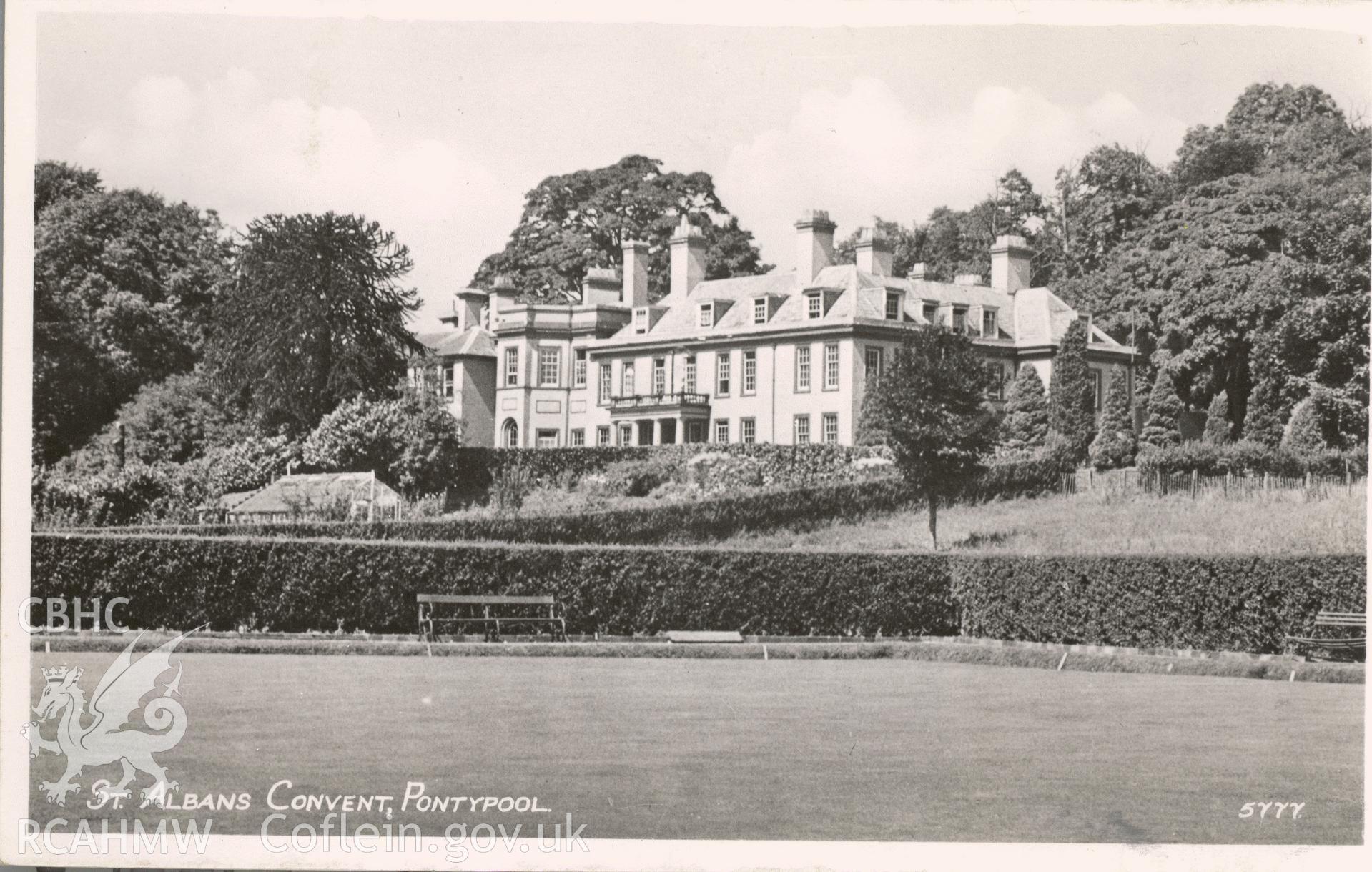 Digitised postcard image of Park House, Pontypool, when St Alban's Convent, the RA (Postcards) LTD., London. Produced by Parks and Gardens Data Services, from an original item in the Peter Davis Collection at Parks and Gardens UK. We hold only web-resolution images of this collection, suitable for viewing on screen and for research purposes only. We do not hold the original images, or publication quality scans.