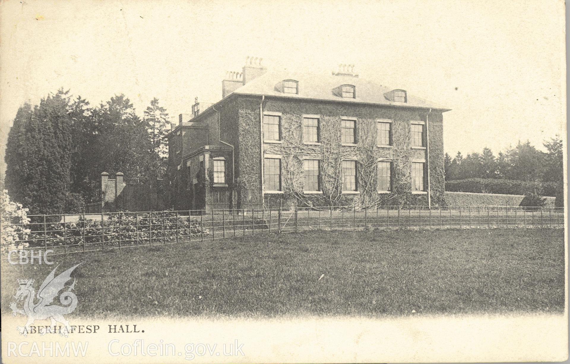 Digitised postcard image of Aberhafesp Hall, Park & Son, Newtown. Produced by Parks and Gardens Data Services, from an original item in the Peter Davis Collection at Parks and Gardens UK. We hold only web-resolution images of this collection, suitable for viewing on screen and for research purposes only. We do not hold the original images, or publication quality scans.