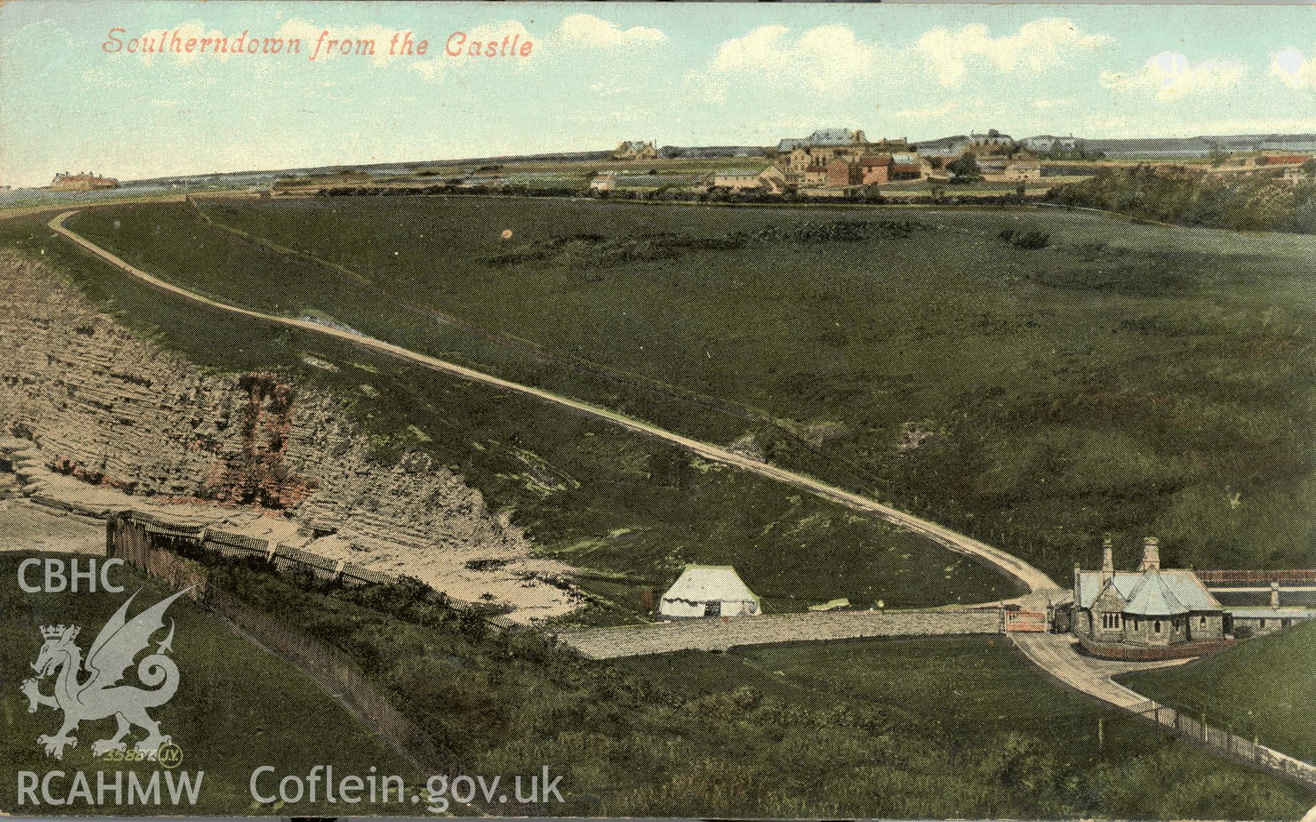 Digitised postcard image of Seamouth Lodge with village of Southerdown in background, Valentines Series. Produced by Parks and Gardens Data Services, from an original item in the Peter Davis Collection at Parks and Gardens UK. We hold only web-resolution images of this collection, suitable for viewing on screen and for research purposes only. We do not hold the original images, or publication quality scans.