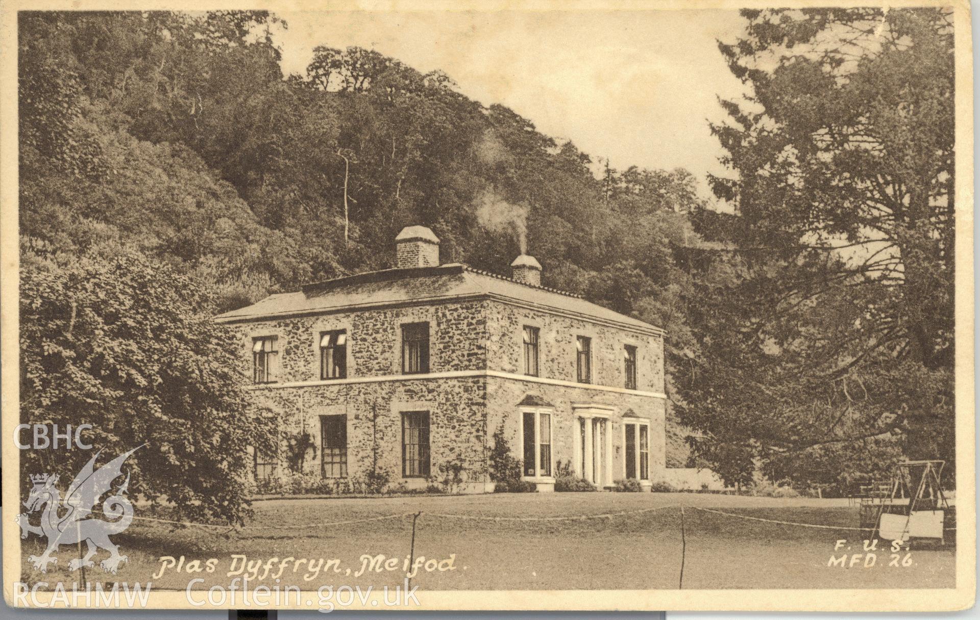 Digitised postcard image of Plas Dyffryn, Meifod, F. Frith & Co. Ltd. Produced by Parks and Gardens Data Services, from an original item in the Peter Davis Collection at Parks and Gardens UK. We hold only web-resolution images of this collection, suitable for viewing on screen and for research purposes only. We do not hold the original images, or publication quality scans.