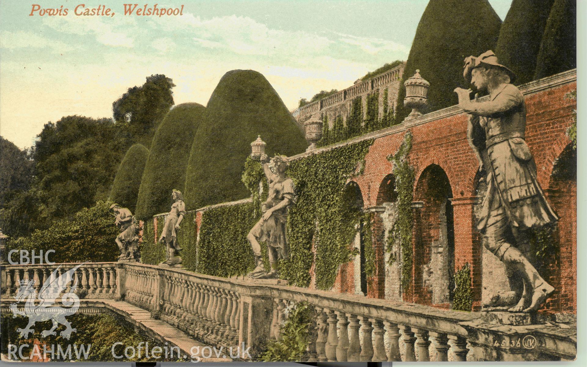 Digitised postcard image of Powis Castle, statuary, main terraces, Valentines Series. Produced by Parks and Gardens Data Services, from an original item in the Peter Davis Collection at Parks and Gardens UK. We hold only web-resolution images of this collection, suitable for viewing on screen and for research purposes only. We do not hold the original images, or publication quality scans.