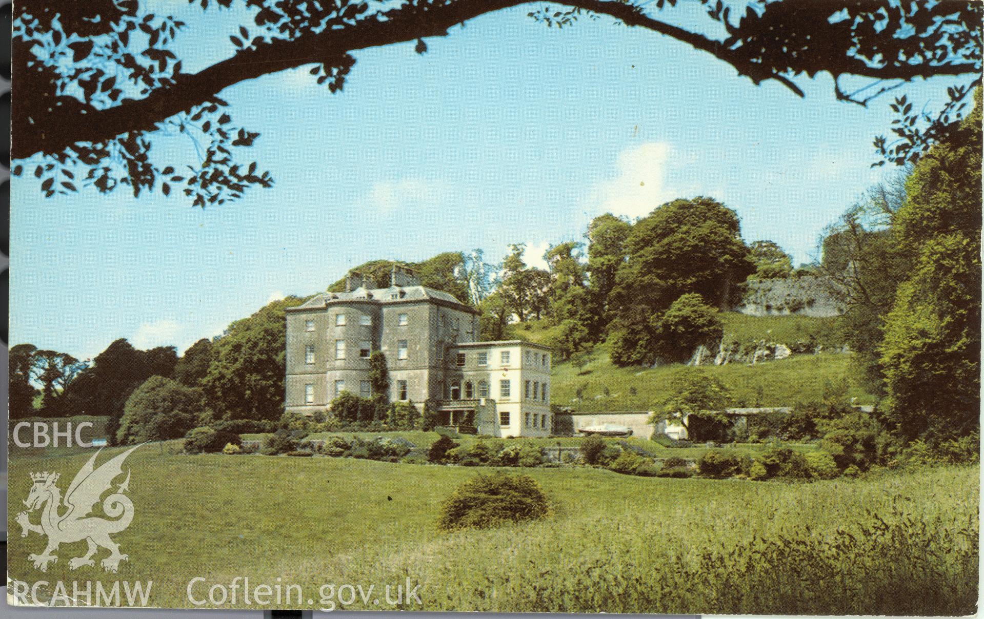 Digitised postcard image of Penrice Mansion after demolition of 19th century wings, Colourmaster International, Photo Precision Limited, St Ives, Huntingdon. Produced by Parks and Gardens Data Services, from an original item in the Peter Davis Collection at Parks and Gardens UK. We hold only web-resolution images of this collection, suitable for viewing on screen and for research purposes only. We do not hold the original images, or publication quality scans.