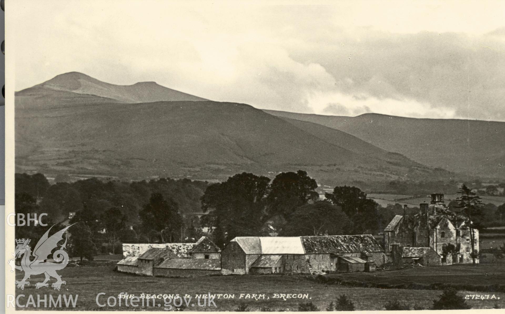 Digitised postcard image of Newton Farm, Brecon, Barton and Son Ltd, Bristol. Produced by Parks and Gardens Data Services, from an original item in the Peter Davis Collection at Parks and Gardens UK. We hold only web-resolution images of this collection, suitable for viewing on screen and for research purposes only. We do not hold the original images, or publication quality scans.