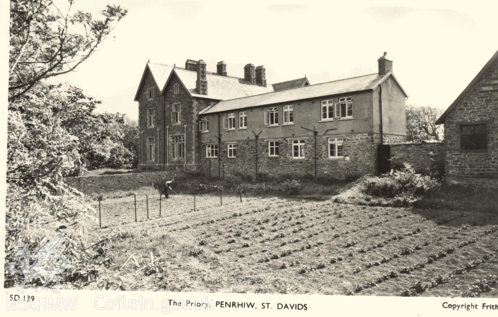 Digitised postcard image of The Priory, Penrhiw, St David's, Friths Series. Produced by Parks and Gardens Data Services, from an original item in the Peter Davis Collection at Parks and Gardens UK. We hold only web-resolution images of this collection, suitable for viewing on screen and for research purposes only. We do not hold the original images, or publication quality scans.