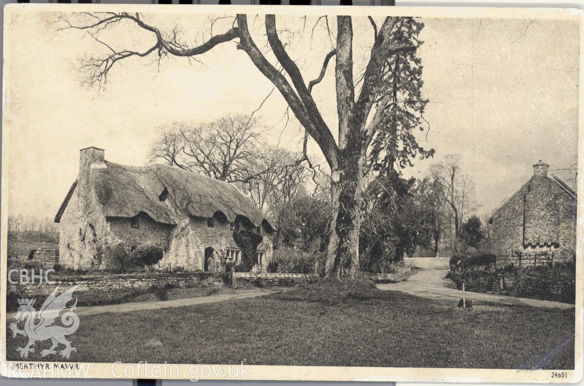 Digitised postcard image of Church Cottage, Merthyr Mawr. Produced by Parks and Gardens Data Services, from an original item in the Peter Davis Collection at Parks and Gardens UK. We hold only web-resolution images of this collection, suitable for viewing on screen and for research purposes only. We do not hold the original images, or publication quality scans.