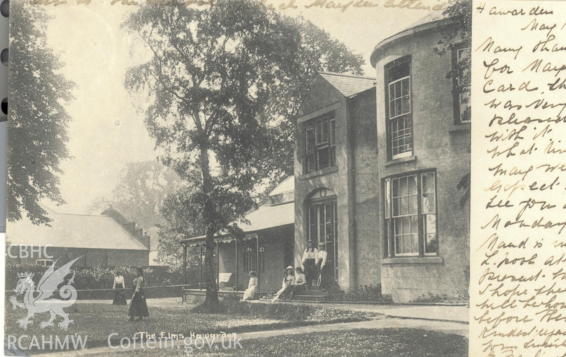 Digitised postcard image of The Elms, Hawarden, Frith's Series. Produced by Parks and Gardens Data Services, from an original item in the Peter Davis Collection at Parks and Gardens UK. We hold only web-resolution images of this collection, suitable for viewing on screen and for research purposes only. We do not hold the original images, or publication quality scans.