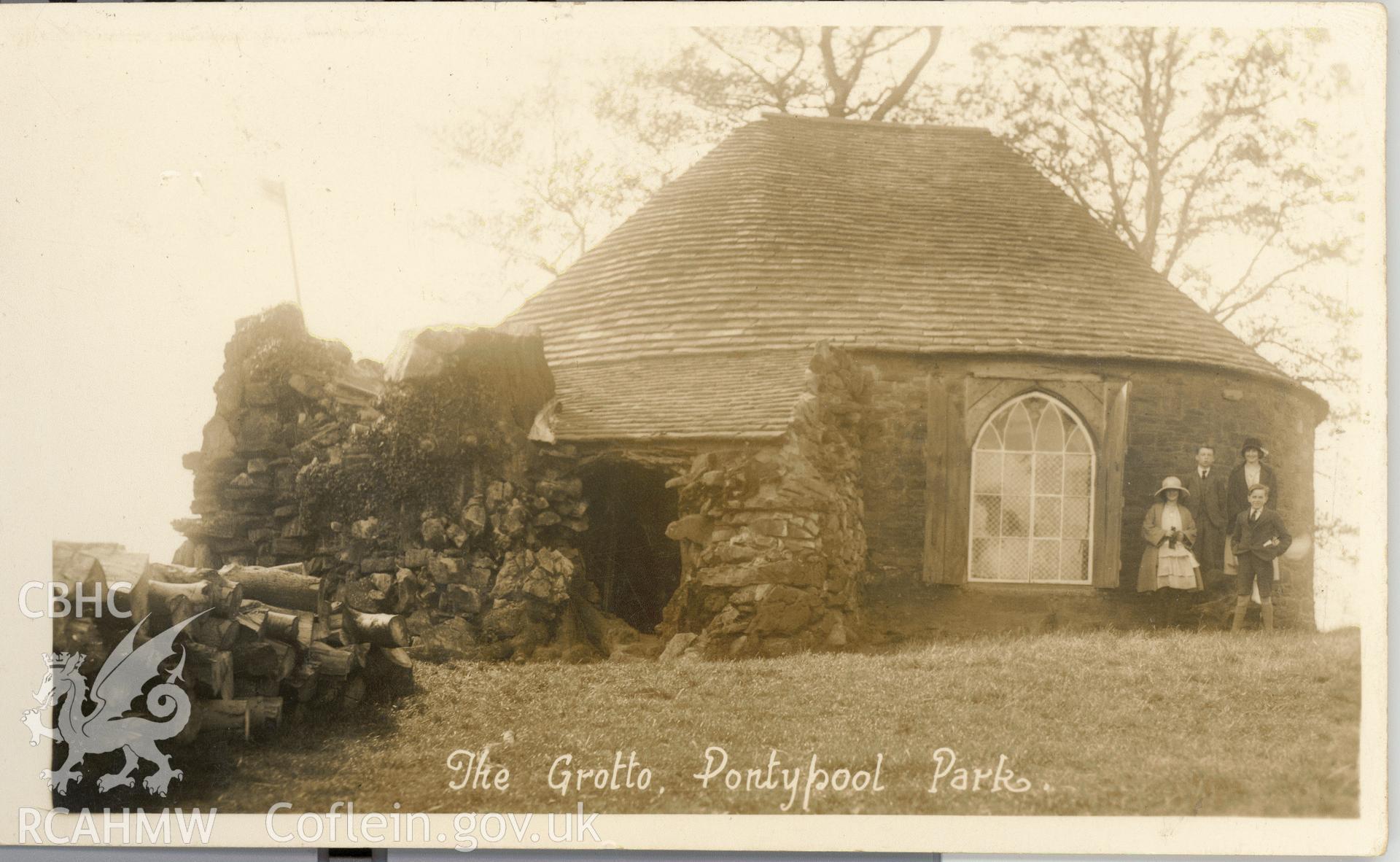 Digitised postcard image of the Shell Grotto, Pontypool Park. Produced by Parks and Gardens Data Services, from an original item in the Peter Davis Collection at Parks and Gardens UK. We hold only web-resolution images of this collection, suitable for viewing on screen and for research purposes only. We do not hold the original images, or publication quality scans.