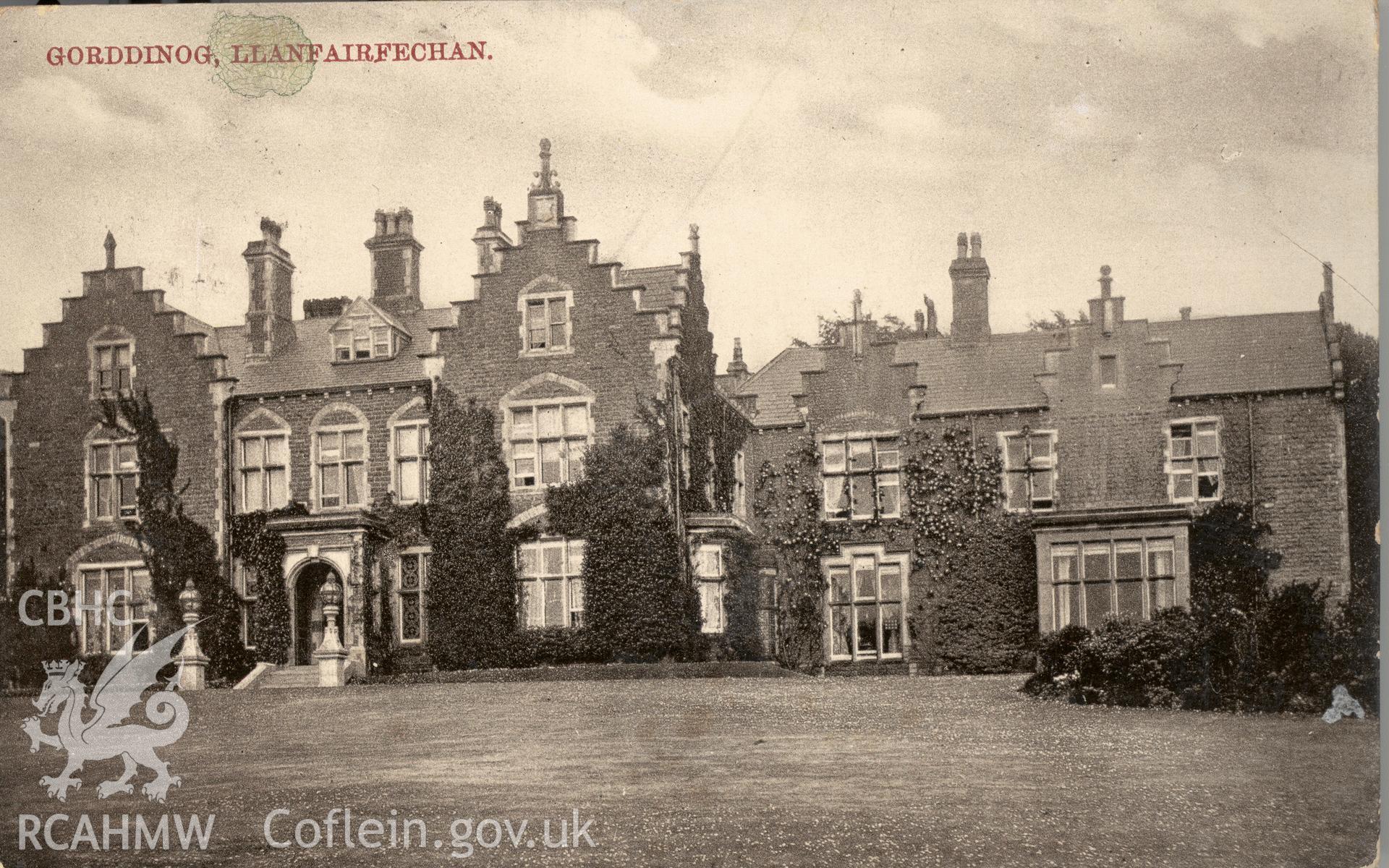 Digitised postcard image of Gorddinog, Llanfairfechan, W. Shaw, Burslem. Produced by Parks and Gardens Data Services, from an original item in the Peter Davis Collection at Parks and Gardens UK. We hold only web-resolution images of this collection, suitable for viewing on screen and for research purposes only. We do not hold the original images, or publication quality scans.