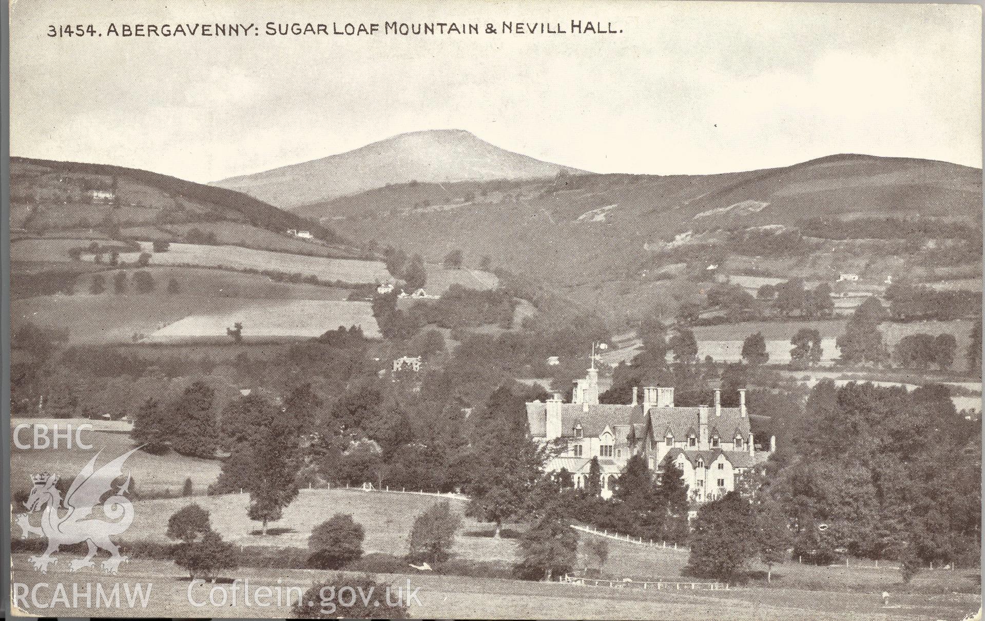 Digitised postcard image of Nevill Hall, Abergavenny, Photochrom Co. Ltd. Produced by Parks and Gardens Data Services, from an original item in the Peter Davis Collection at Parks and Gardens UK. We hold only web-resolution images of this collection, suitable for viewing on screen and for research purposes only. We do not hold the original images, or publication quality scans.