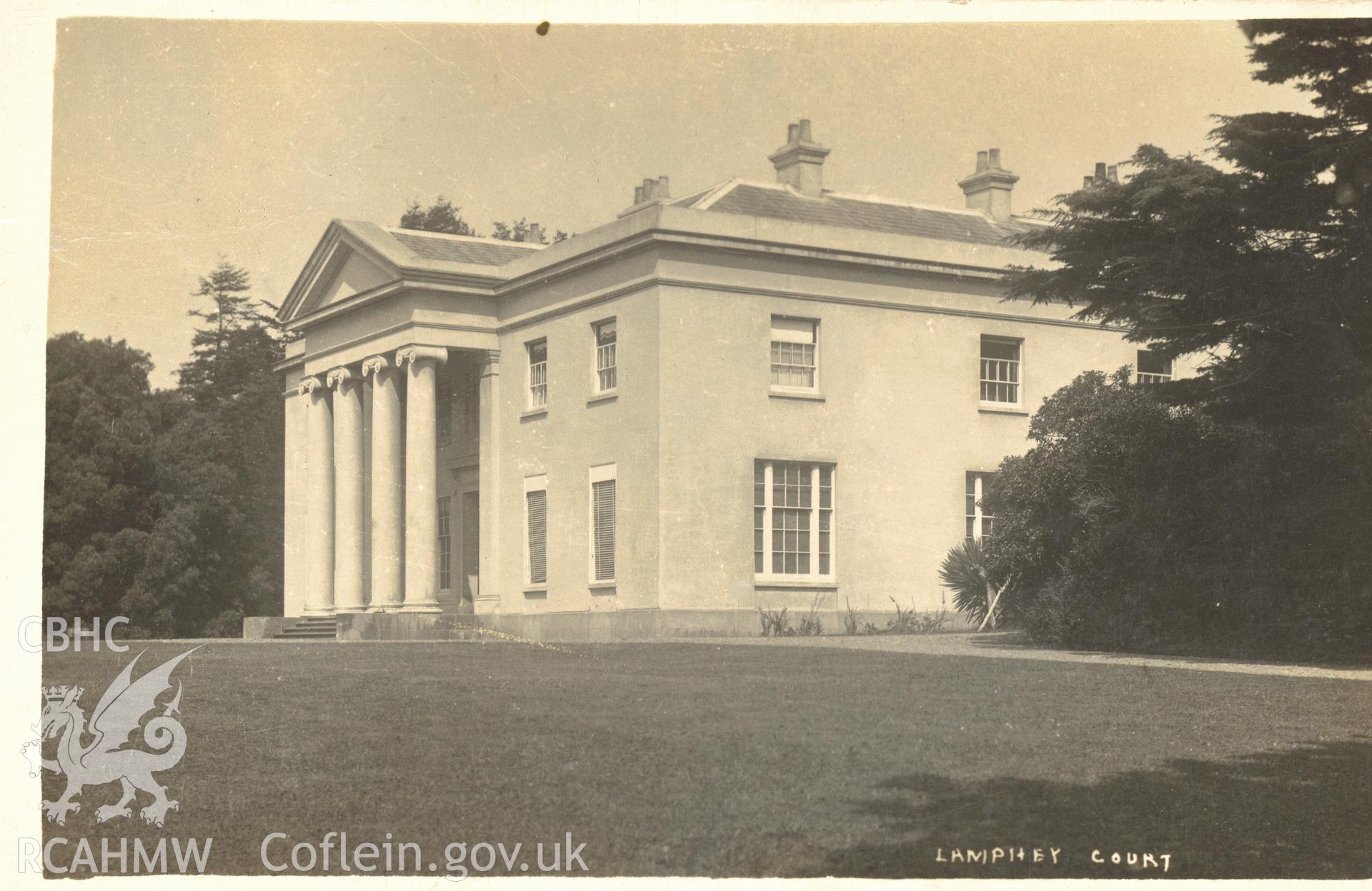 Digitised postcard image of Lamphey Court. Produced by Parks and Gardens Data Services, from an original item in the Peter Davis Collection at Parks and Gardens UK. We hold only web-resolution images of this collection, suitable for viewing on screen and for research purposes only. We do not hold the original images, or publication quality scans.