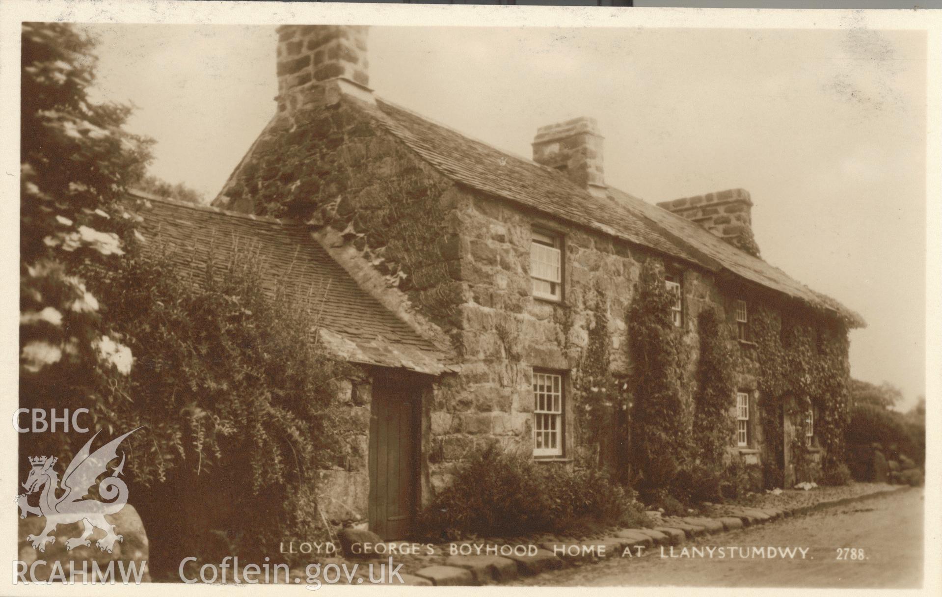 Digitised postcard image of Highgate (Lloyd George's boyhood home), Llanystumdwy, J.Salmon Ltd., Sevenoaks. Produced by Parks and Gardens Data Services, from an original item in the Peter Davis Collection at Parks and Gardens UK. We hold only web-resolution images of this collection, suitable for viewing on screen and for research purposes only. We do not hold the original images, or publication quality scans.