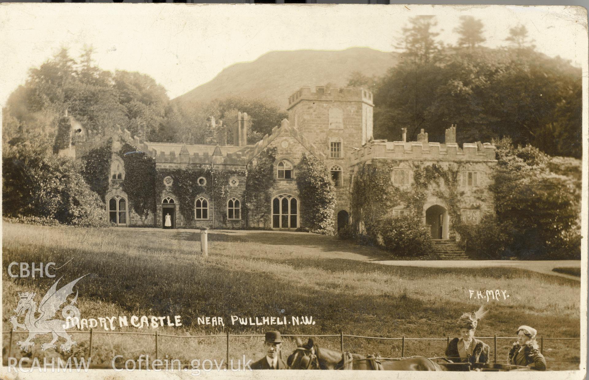 Digitised postcard image of Madryn Castle, Buan, with horse, cart and figures, F.H. Mays Real Photo Views. Produced by Parks and Gardens Data Services, from an original item in the Peter Davis Collection at Parks and Gardens UK. We hold only web-resolution images of this collection, suitable for viewing on screen and for research purposes only. We do not hold the original images, or publication quality scans.