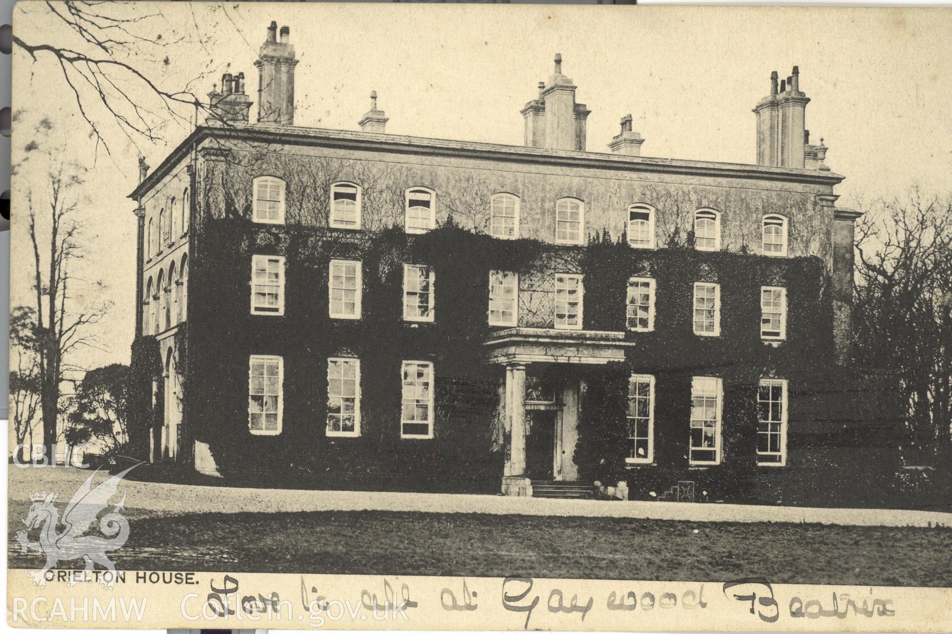 Digitised postcard image of Orielton House, Hundleton, E.M. & Co. The Royal Series. Produced by Parks and Gardens Data Services, from an original item in the Peter Davis Collection at Parks and Gardens UK. We hold only web-resolution images of this collection, suitable for viewing on screen and for research purposes only. We do not hold the original images, or publication quality scans.