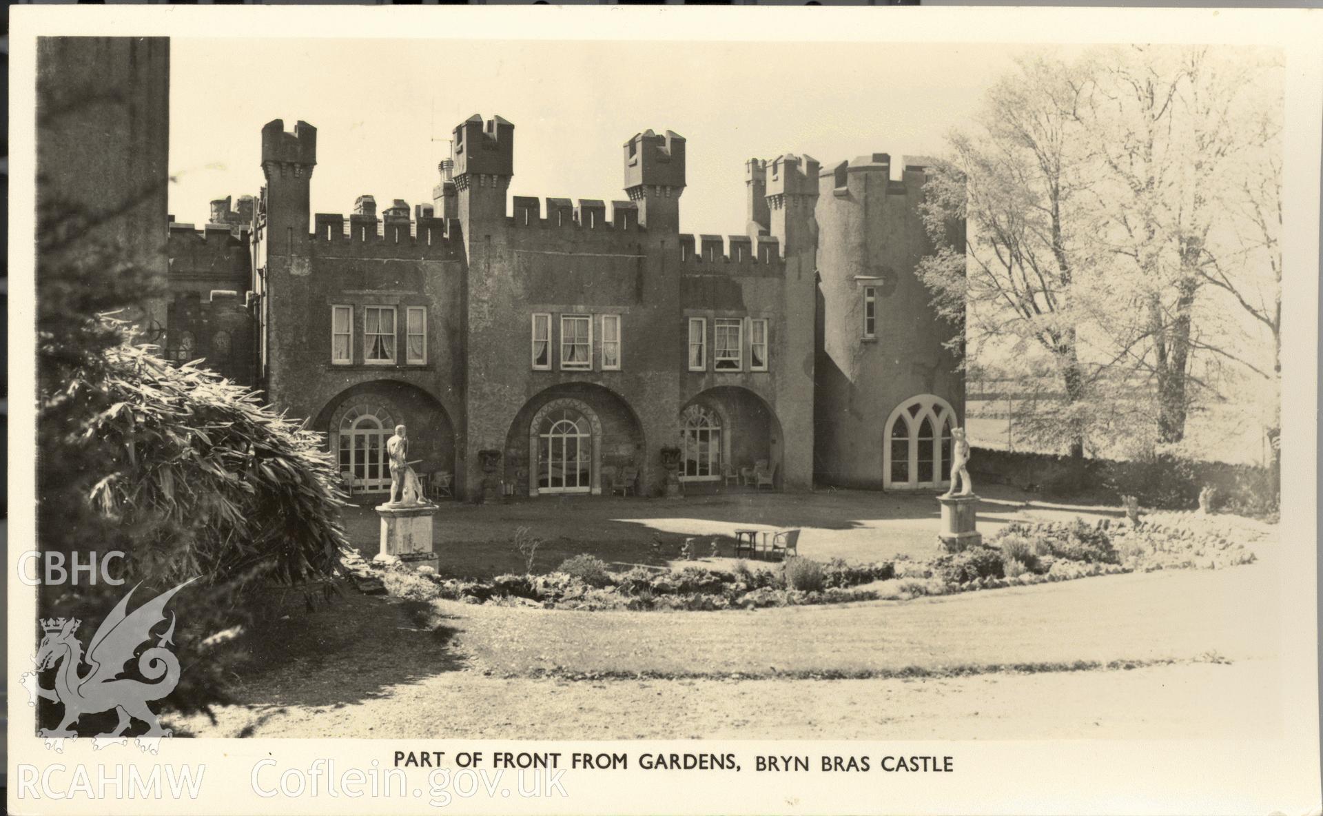 Digitised postcard image of Bryn Bras Castle, Llanrug, showing statuary. Produced by Parks and Gardens Data Services, from an original item in the Peter Davis Collection at Parks and Gardens UK. We hold only web-resolution images of this collection, suitable for viewing on screen and for research purposes only. We do not hold the original images, or publication quality scans.