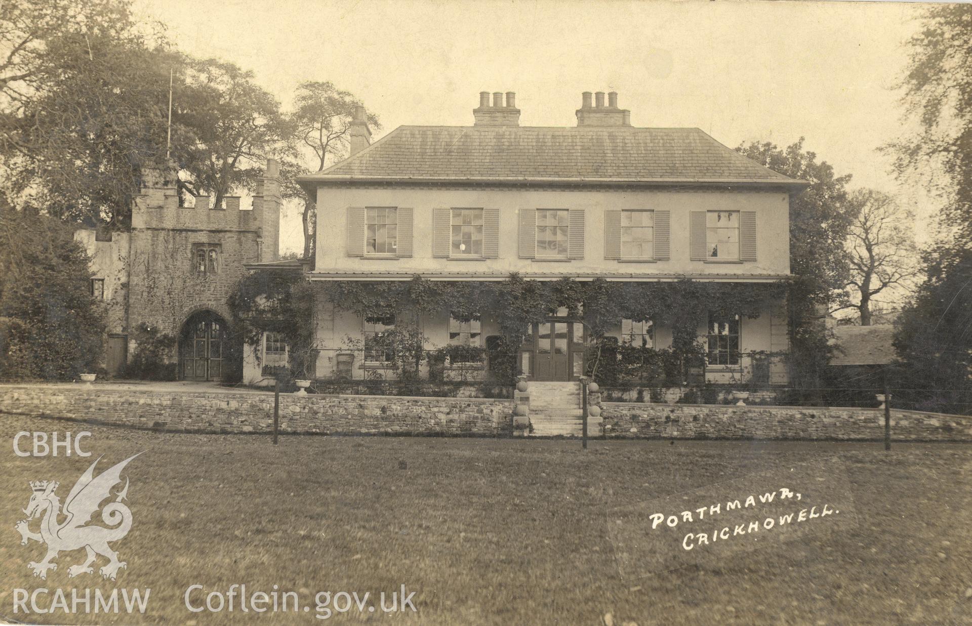 Digitised postcard image of Porthmawr House, Crickhowell. Produced by Parks and Gardens Data Services, from an original item in the Peter Davis Collection at Parks and Gardens UK. We hold only web-resolution images of this collection, suitable for viewing on screen and for research purposes only. We do not hold the original images, or publication quality scans.