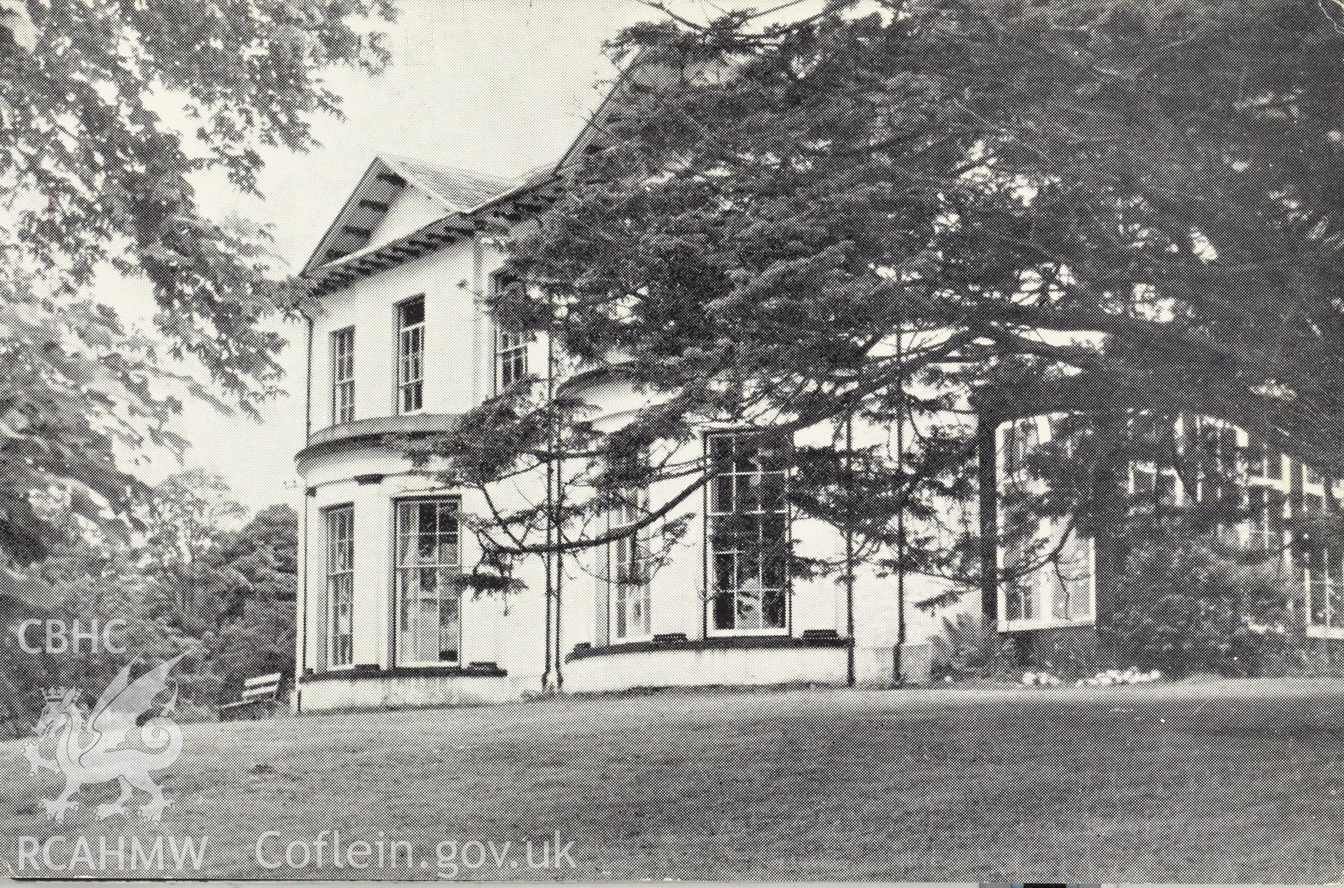 Digitised postcard image of Plas Allt Lwyd, Llansantffraed. Produced by Parks and Gardens Data Services, from an original item in the Peter Davis Collection at Parks and Gardens UK. We hold only web-resolution images of this collection, suitable for viewing on screen and for research purposes only. We do not hold the original images, or publication quality scans.