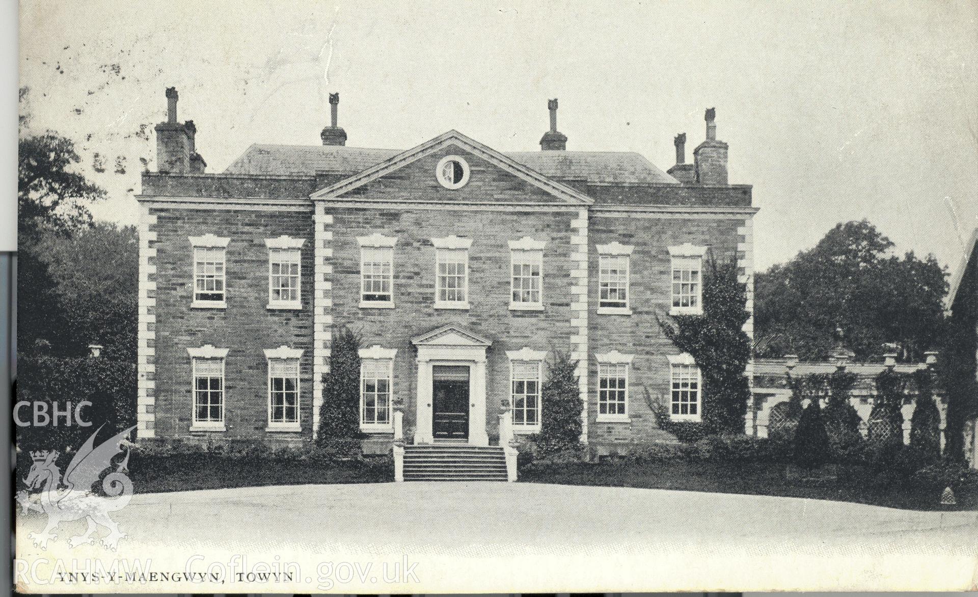 Digitised postcard image of Ynys-y-Maengwyn, Bryn-Crug, Pictorial Postcard. Produced by Parks and Gardens Data Services, from an original item in the Peter Davis Collection at Parks and Gardens UK. We hold only web-resolution images of this collection, suitable for viewing on screen and for research purposes only. We do not hold the original images, or publication quality scans.