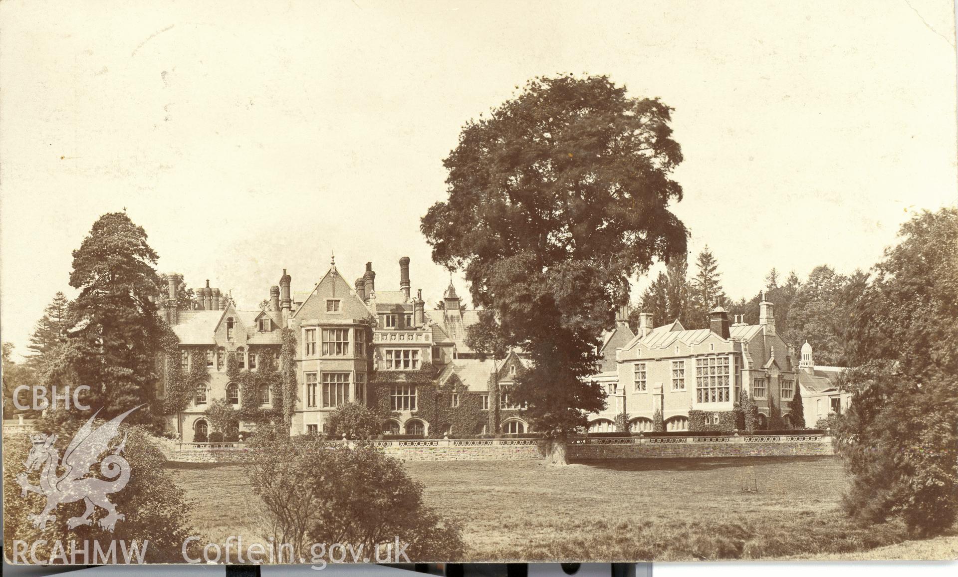 Digitised postcard image of the Hendre, Llangattock-vibon-avel. Produced by Parks and Gardens Data Services, from an original item in the Peter Davis Collection at Parks and Gardens UK. We hold only web-resolution images of this collection, suitable for viewing on screen and for research purposes only. We do not hold the original images, or publication quality scans.