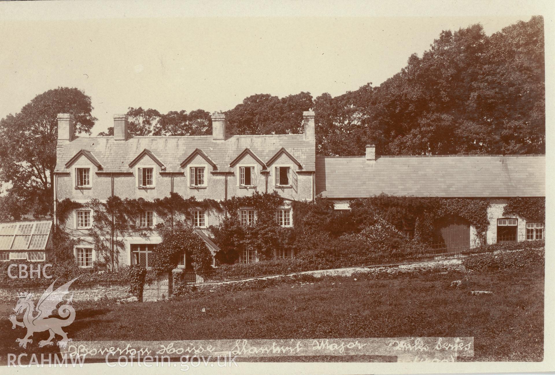 Digitised postcard image of Boverton Place Mansion, E. Miles, Ewenny Road Studio, Bridgend. Produced by Parks and Gardens Data Services, from an original item in the Peter Davis Collection at Parks and Gardens UK. We hold only web-resolution images of this collection, suitable for viewing on screen and for research purposes only. We do not hold the original images, or publication quality scans.