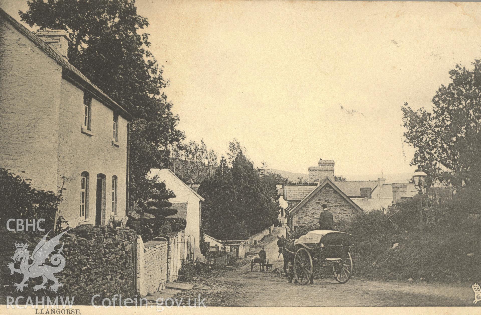 Digitised postcard image of Llangorse Village, Raphael Tuck and Sons Ltd. Produced by Parks and Gardens Data Services, from an original item in the Peter Davis Collection at Parks and Gardens UK. We hold only web-resolution images of this collection, suitable for viewing on screen and for research purposes only. We do not hold the original images, or publication quality scans.