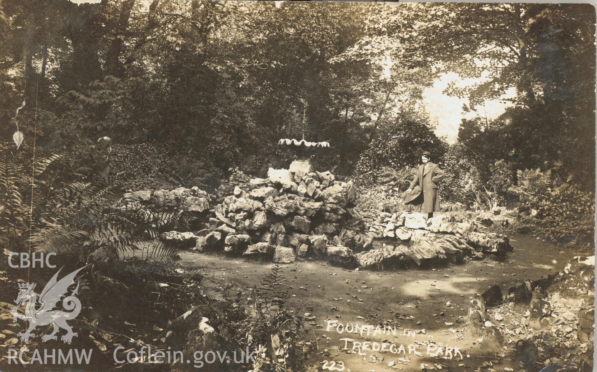 Digitised postcard image of the Fountain, Bedwellty Park. Produced by Parks and Gardens Data Services, from an original item in the Peter Davis Collection at Parks and Gardens UK. We hold only web-resolution images of this collection, suitable for viewing on screen and for research purposes only. We do not hold the original images, or publication quality scans.