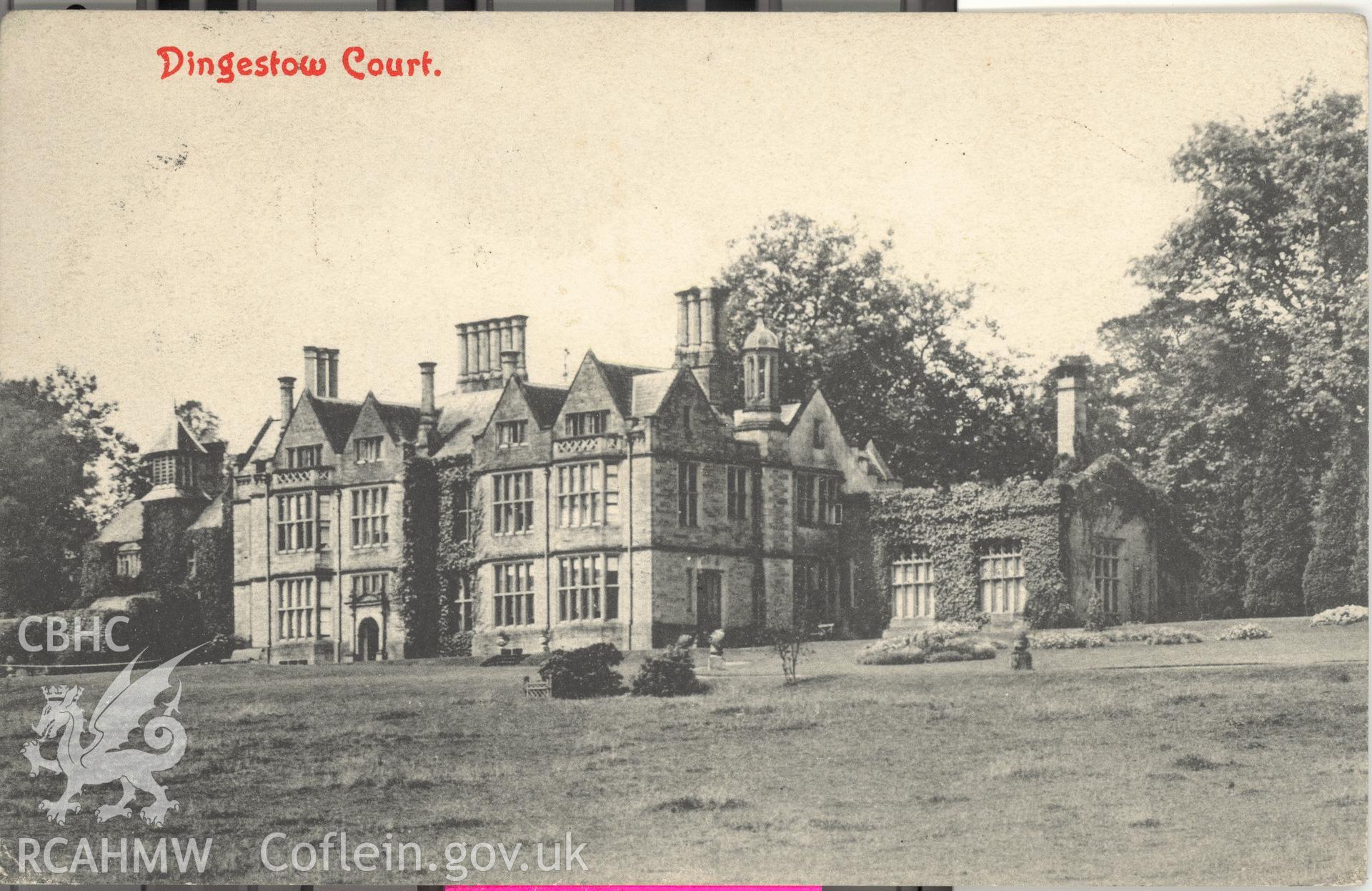 Digitised postcard image of Dingestow Court, Mitchel Troy, H. Clayton, Monmouth. Produced by Parks and Gardens Data Services, from an original item in the Peter Davis Collection at Parks and Gardens UK. We hold only web-resolution images of this collection, suitable for viewing on screen and for research purposes only. We do not hold the original images, or publication quality scans.