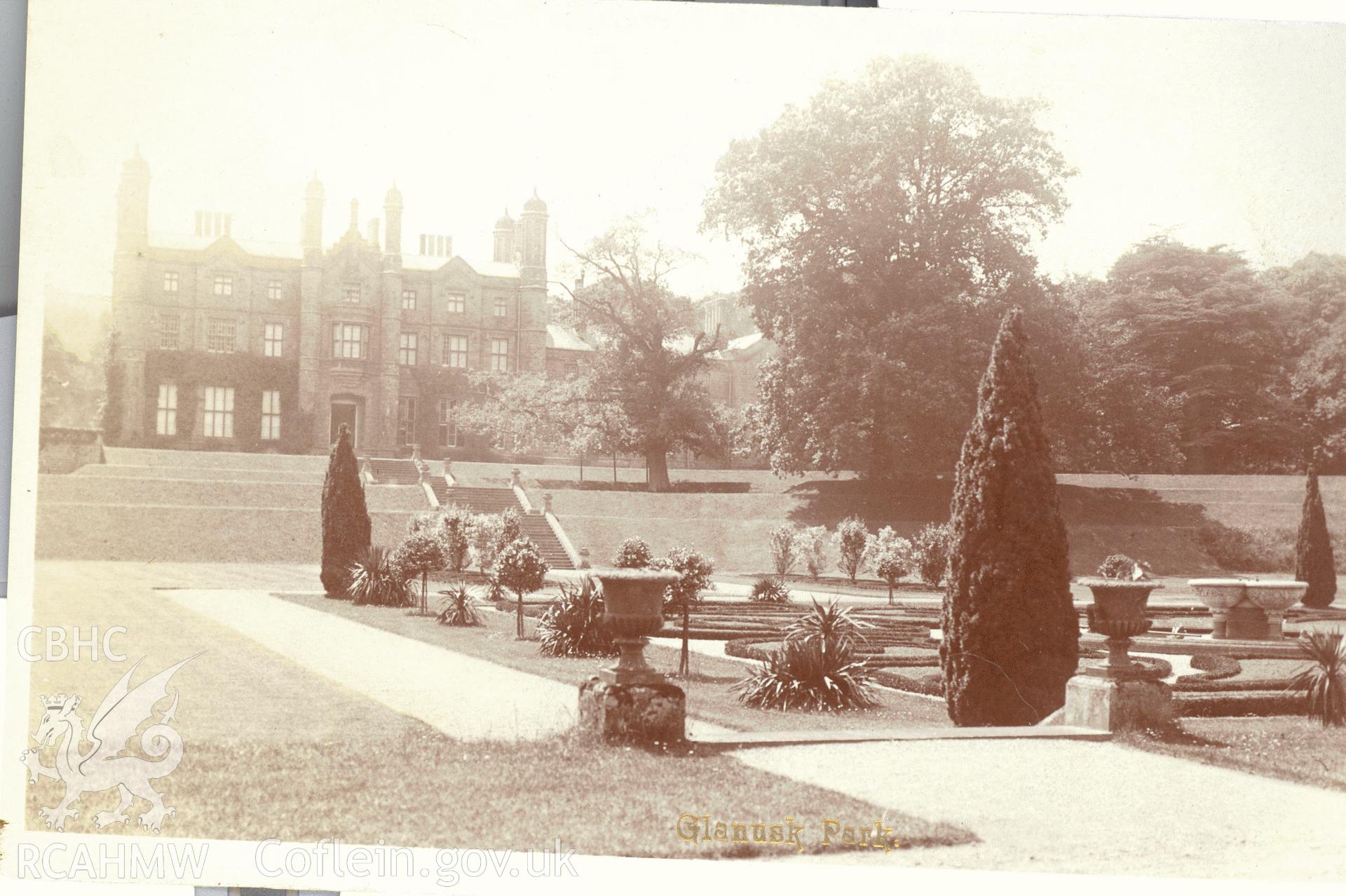 Digitised postcard image of Glanusk Park House. Produced by Parks and Gardens Data Services, from an original item in the Peter Davis Collection at Parks and Gardens UK. We hold only web-resolution images of this collection, suitable for viewing on screen and for research purposes only. We do not hold the original images, or publication quality scans.