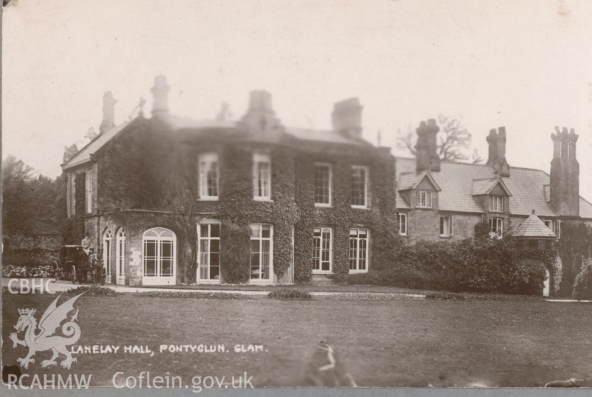 Digitised postcard image of Llanelay Hall, Pontyclun. Produced by Parks and Gardens Data Services, from an original item in the Peter Davis Collection at Parks and Gardens UK. We hold only web-resolution images of this collection, suitable for viewing on screen and for research purposes only. We do not hold the original images, or publication quality scans.