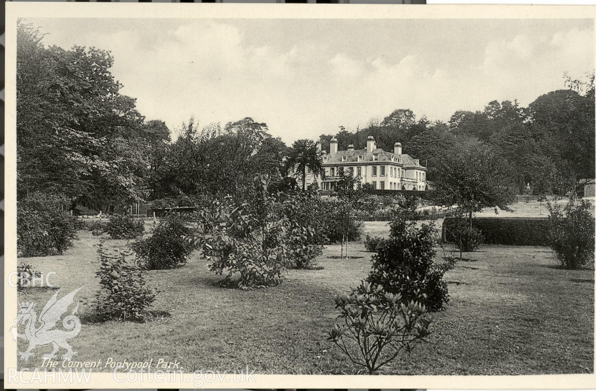 Digitised postcard image of Park House, Pontypool, when St Alban's Convent. Produced by Parks and Gardens Data Services, from an original item in the Peter Davis Collection at Parks and Gardens UK. We hold only web-resolution images of this collection, suitable for viewing on screen and for research purposes only. We do not hold the original images, or publication quality scans.