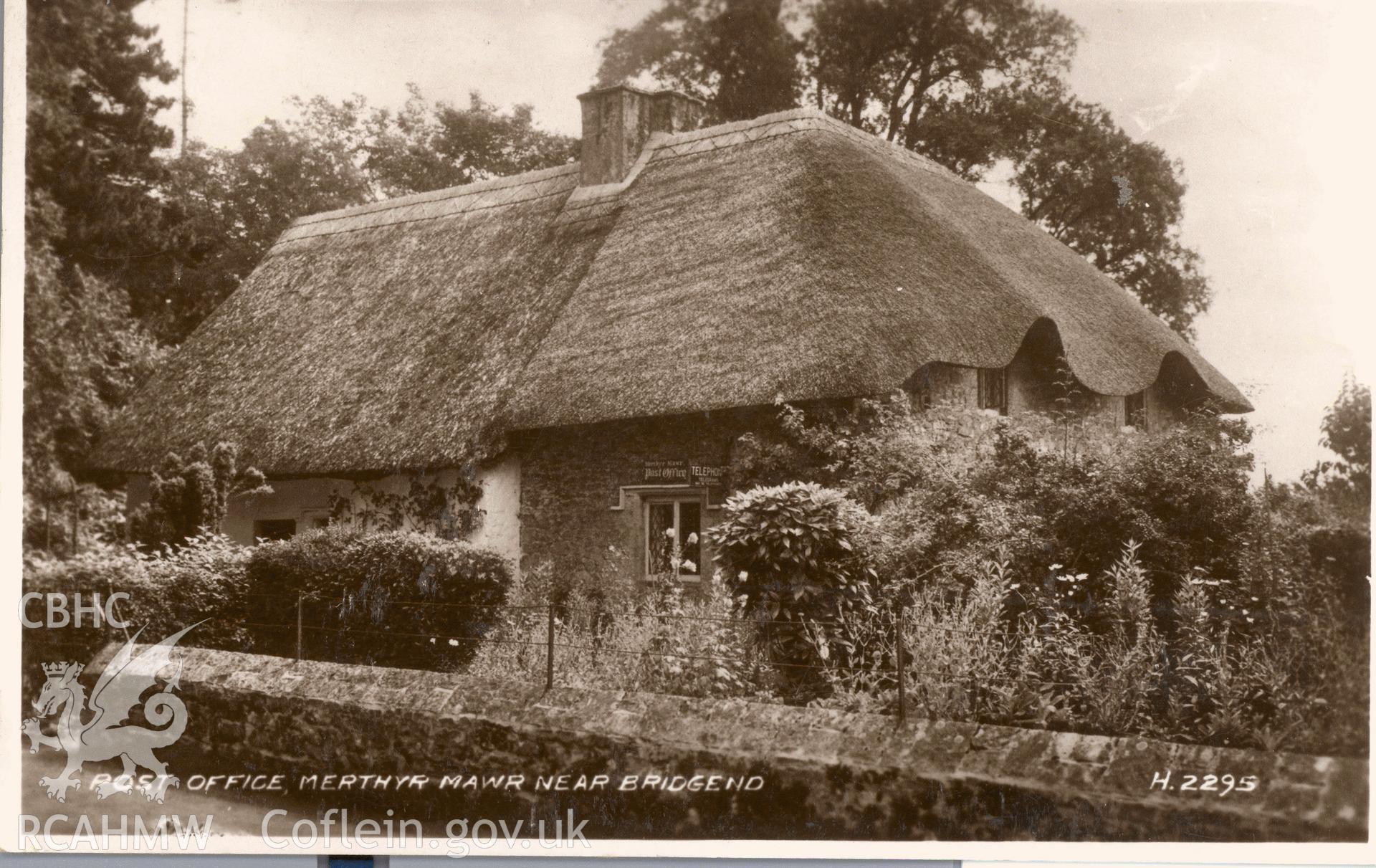 Digitised postcard image of Holly Cottage and Post Office, Merthyr Mawr. Produced by Parks and Gardens Data Services, from an original item in the Peter Davis Collection at Parks and Gardens UK. We hold only web-resolution images of this collection, suitable for viewing on screen and for research purposes only. We do not hold the original images, or publication quality scans.