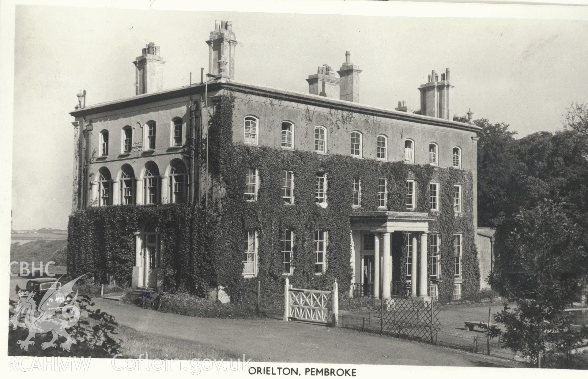 Digitised postcard image of Orielton House, Hundleton. Produced by Parks and Gardens Data Services, from an original item in the Peter Davis Collection at Parks and Gardens UK. We hold only web-resolution images of this collection, suitable for viewing on screen and for research purposes only. We do not hold the original images, or publication quality scans.