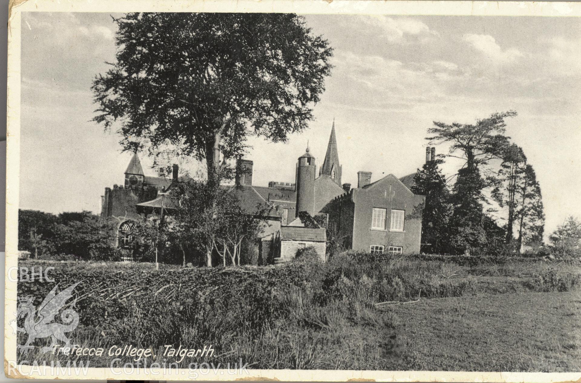 Digitised postcard image of Trefecca College, Talgarth, Milward, Talgarth. Produced by Parks and Gardens Data Services, from an original item in the Peter Davis Collection at Parks and Gardens UK. We hold only web-resolution images of this collection, suitable for viewing on screen and for research purposes only. We do not hold the original images, or publication quality scans.